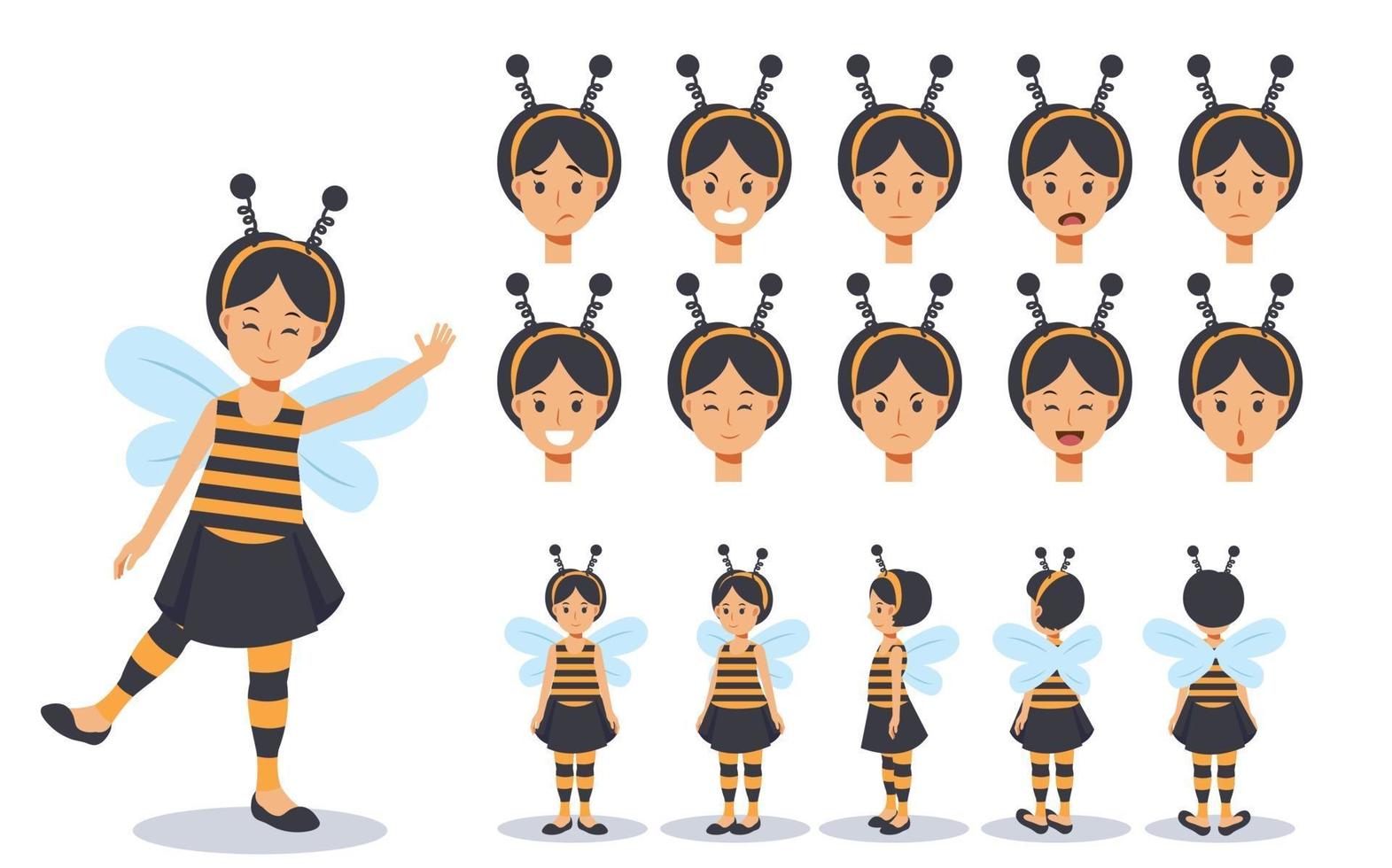 Little Girl in bee costume for Halloween festival.various views. vector