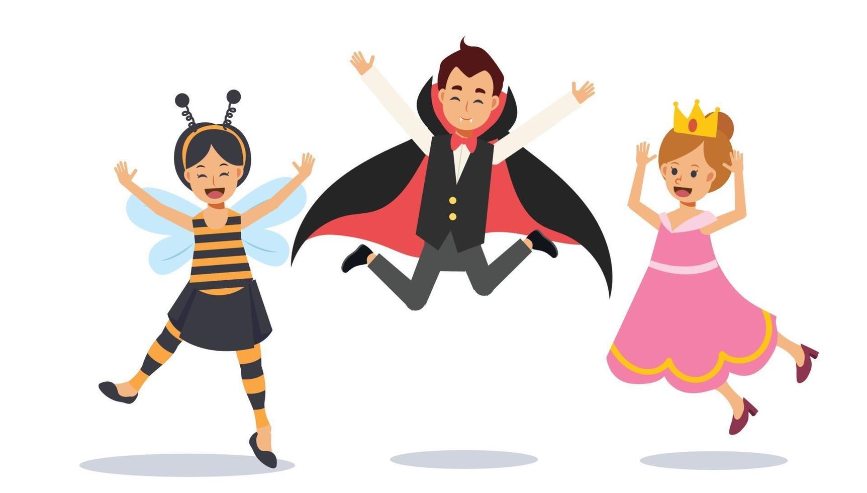 lindos niños pequeños disfrazados de halloween están saltando. vector