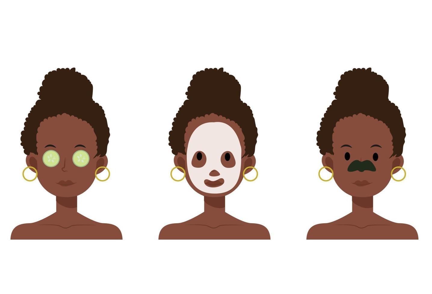 African American woman with face mask, nose patches, cucumber. vector