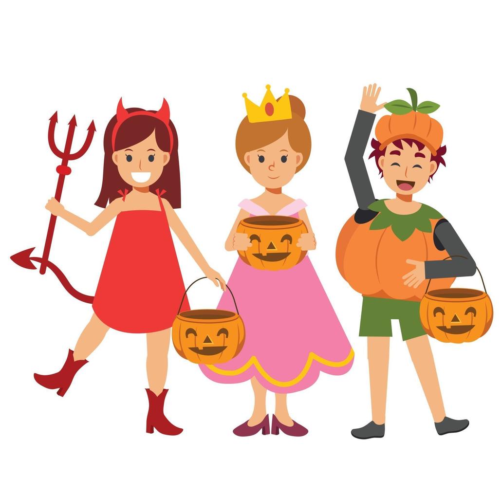 los niños en una variedad de disfraces de halloween disfrutan. truco o trato. vector