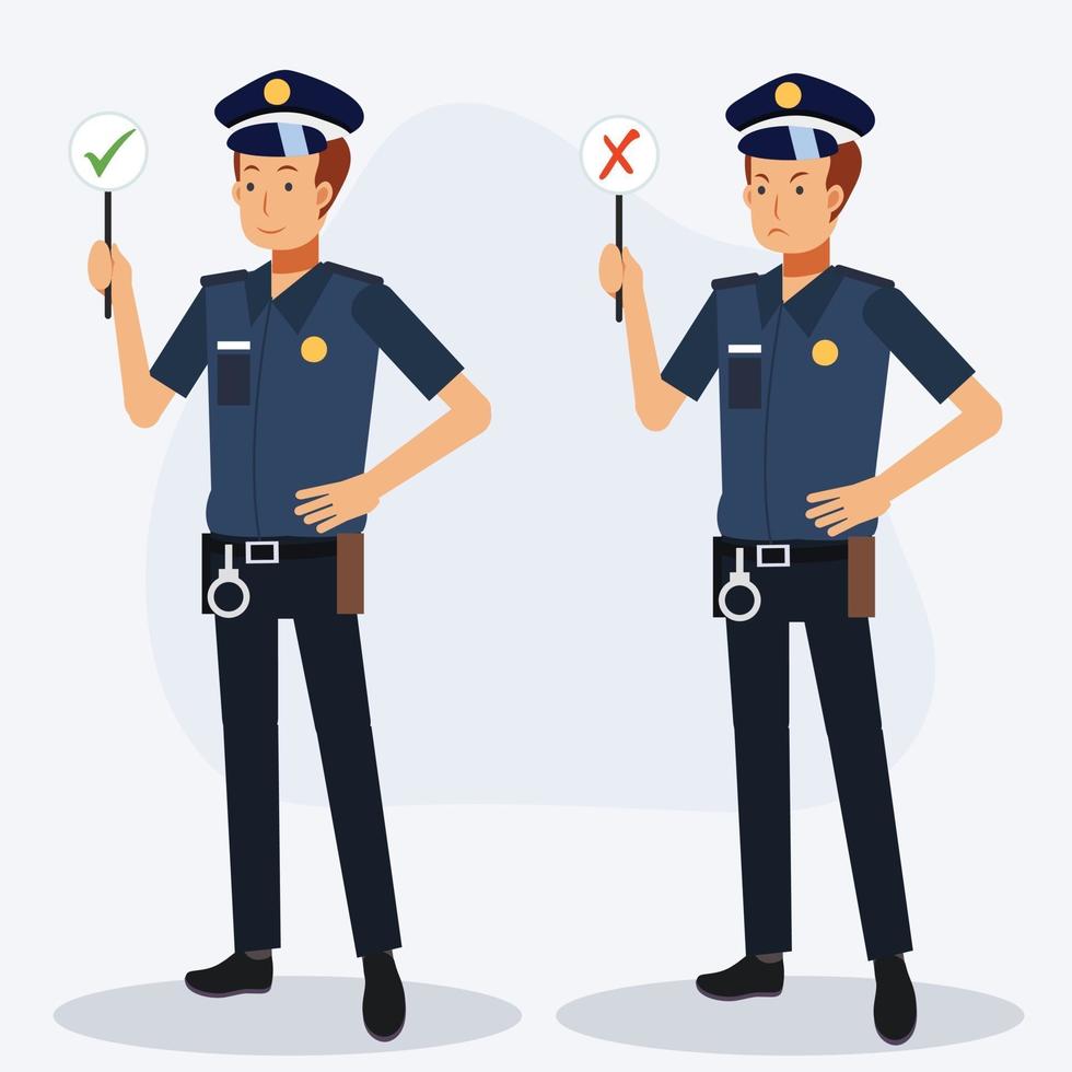 Policeman holding right sign and wrong sign. Full length. vector