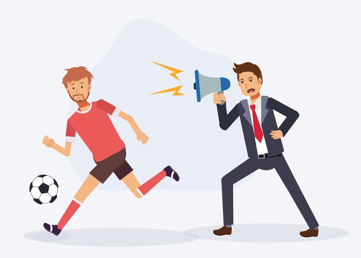 Bad management.manager with megaphone is yelling to football player. vector