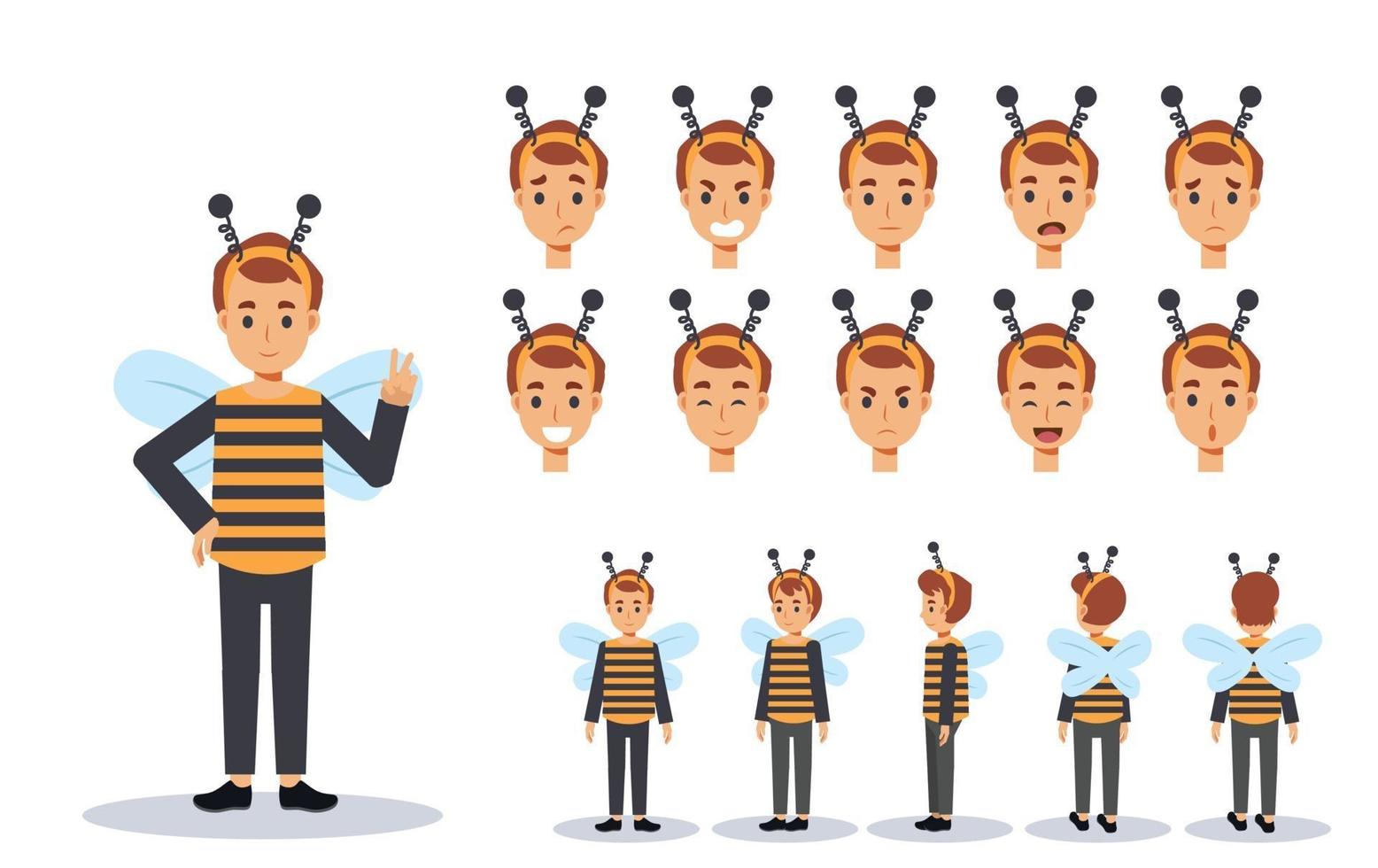 Little Boy in bee costume for Halloween festival.various views. vector