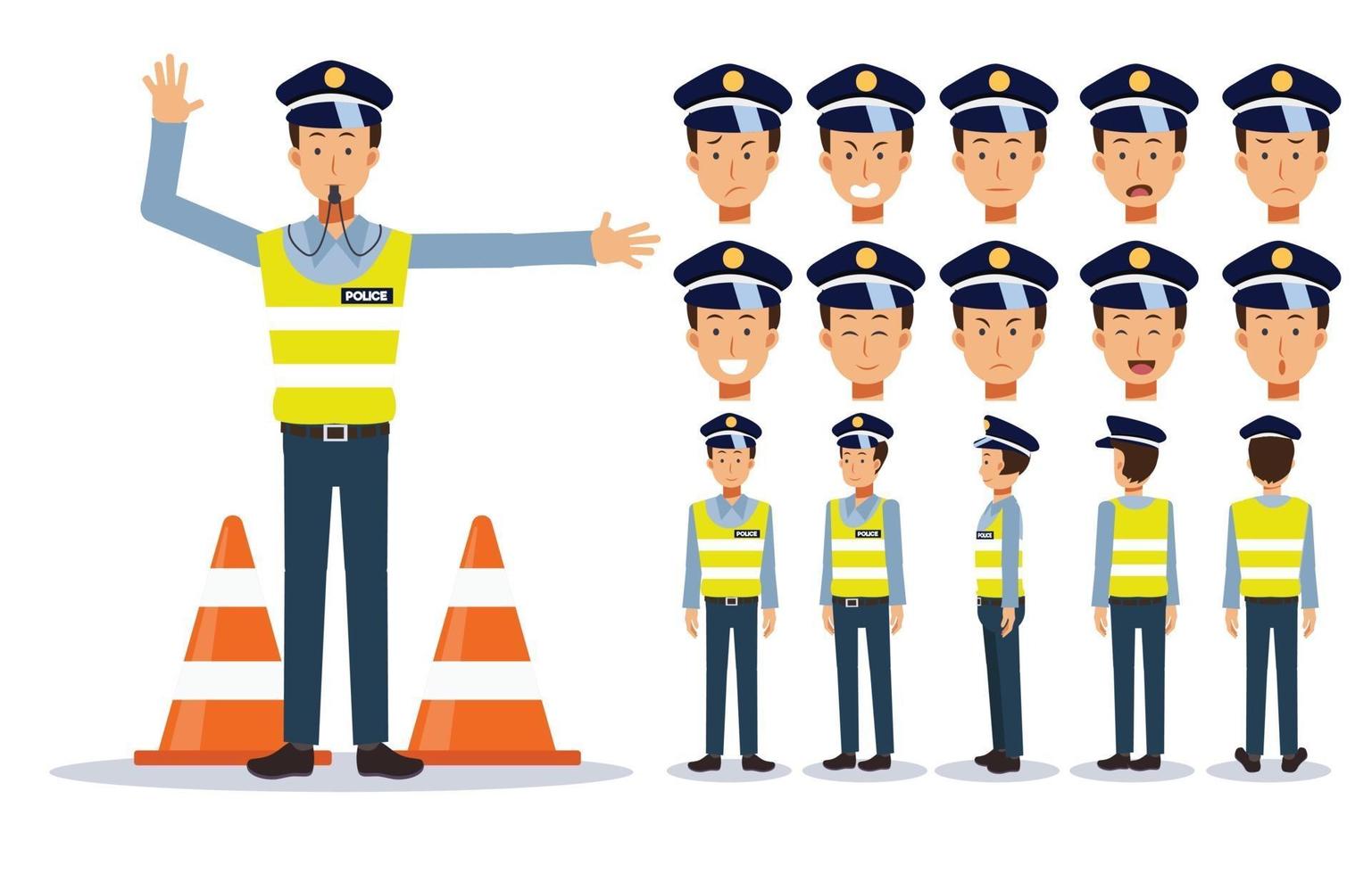 policía de tráfico en varias vistas, estilo de dibujos animados. vector