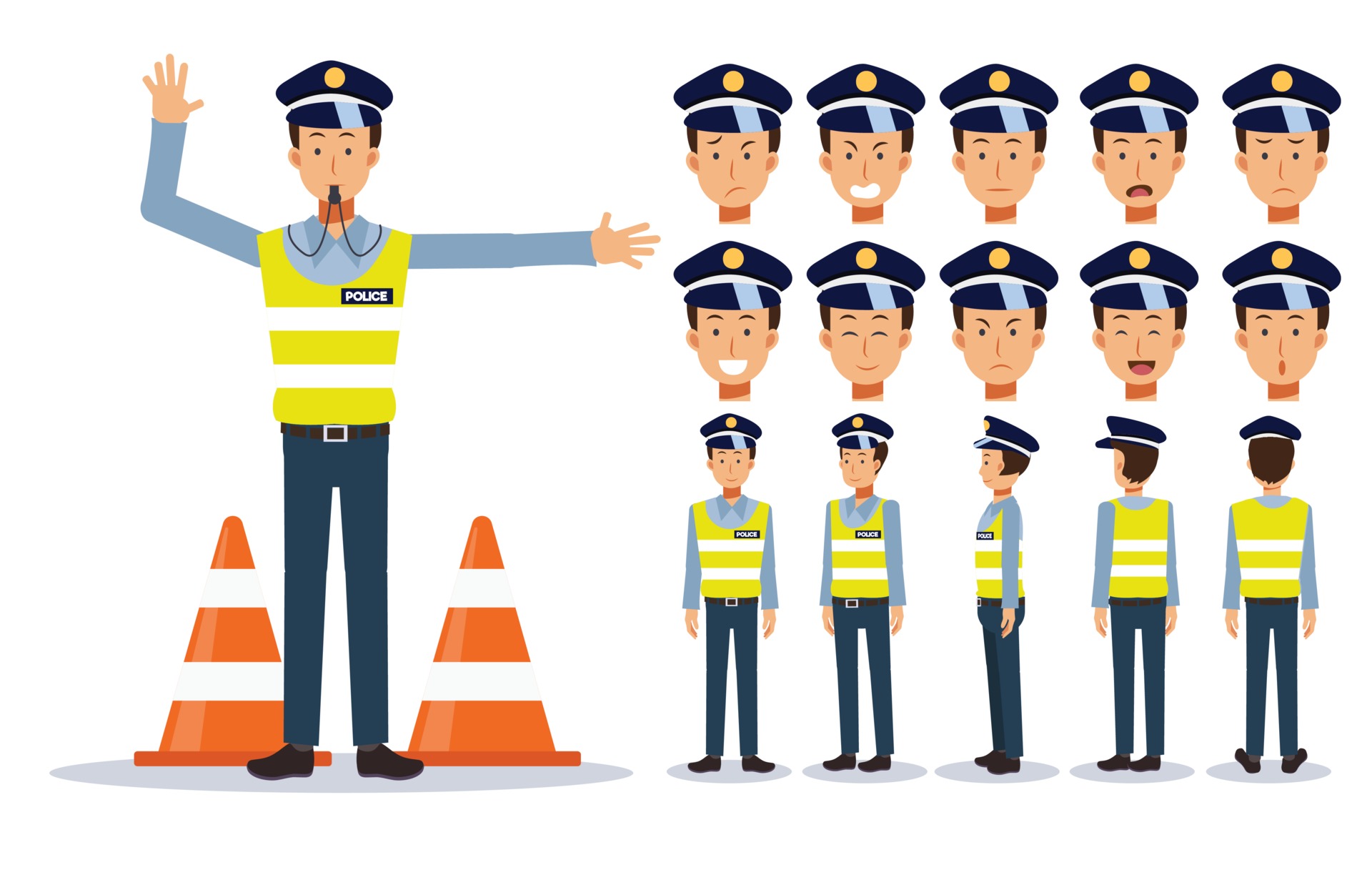 policía de tráfico en varias vistas, estilo de dibujos animados. 3374175  Vector en Vecteezy