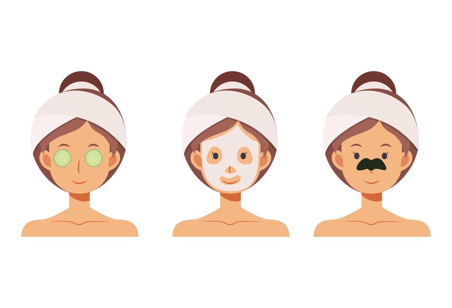 mujer con mascarilla, parches nasales, cuidado de la piel con parche ocular de pepino. vector