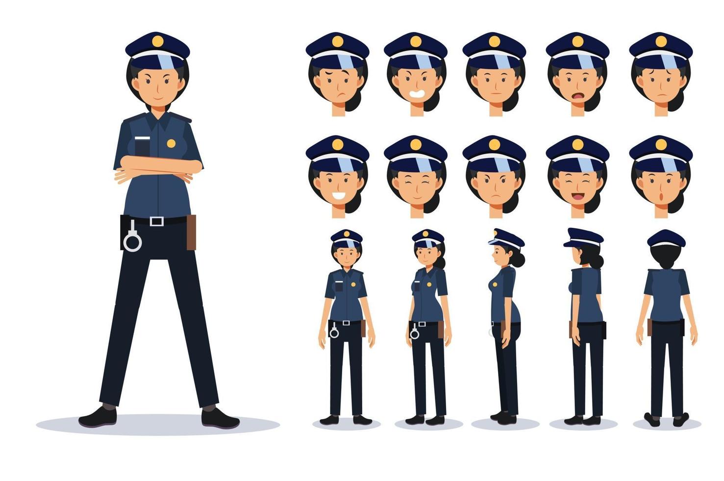 mujer policía en varios puntos de vista, estilo de dibujos animados.  3374179 Vector en Vecteezy