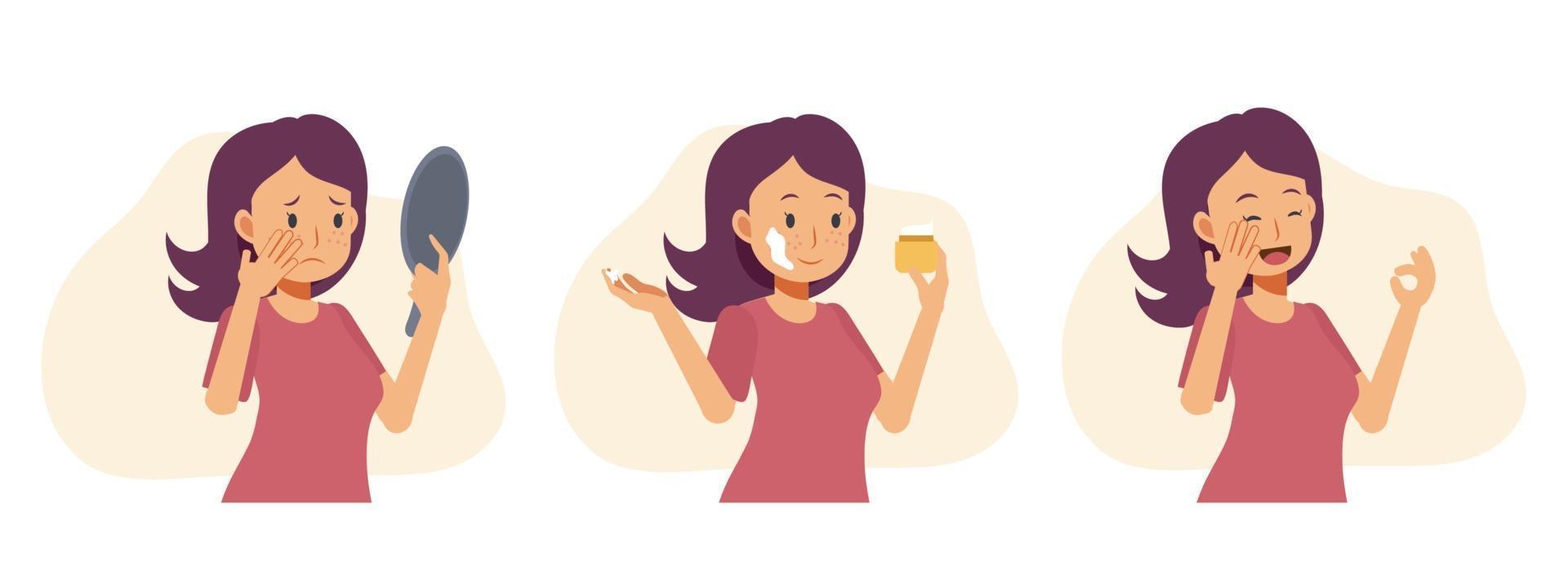 La mujer está preocupada por la piel, usando crema y obteniendo buenos resultados. vector