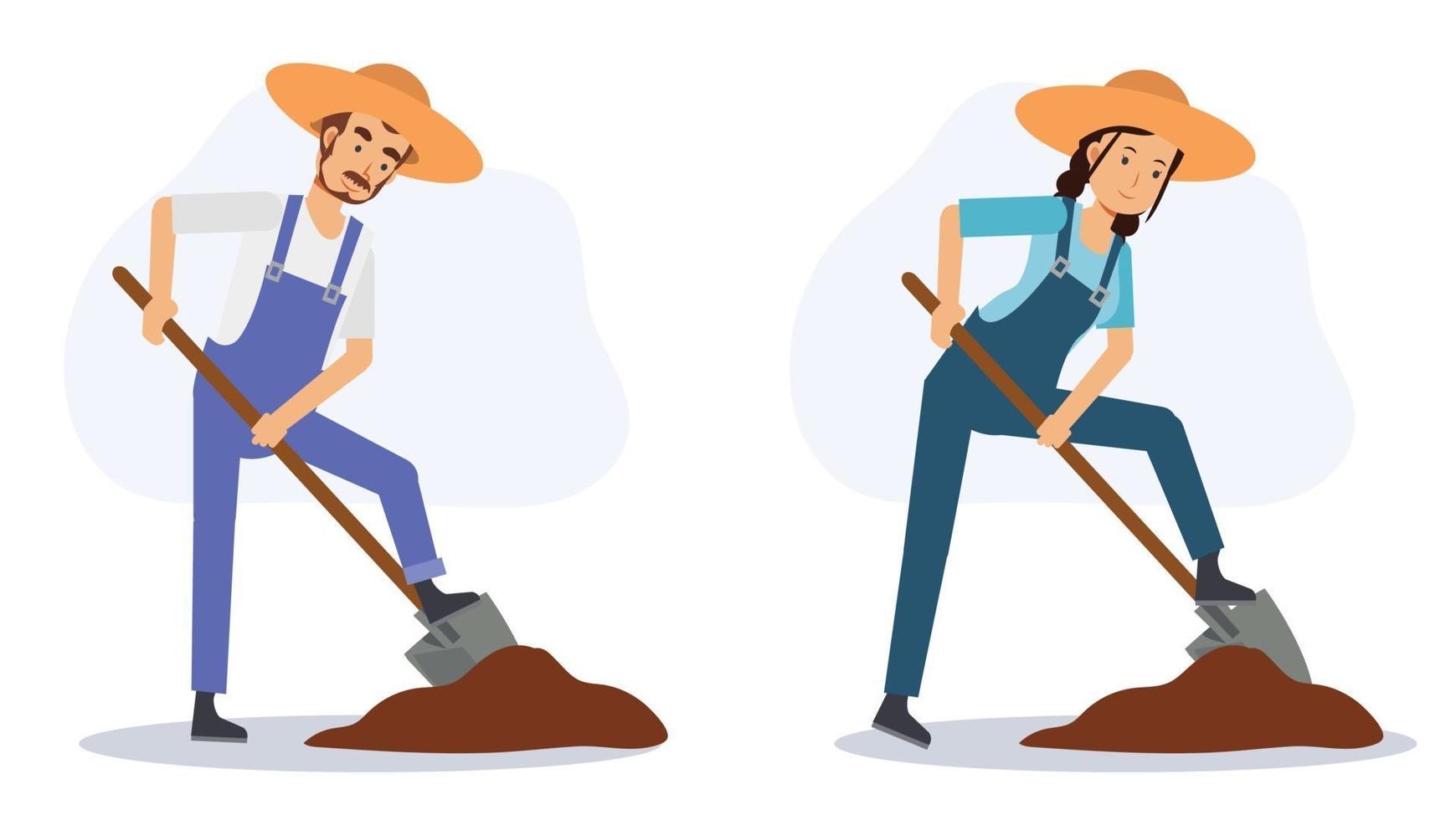 Set of male and female farmer is digging soil by shovel. vector