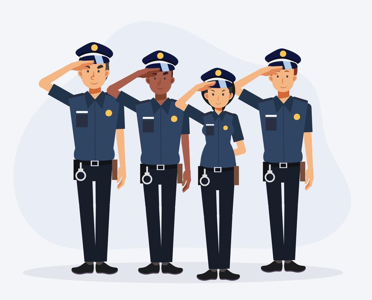 personajes de oficial de policía de hombre y mujer están saludando, equipo de policías. vector