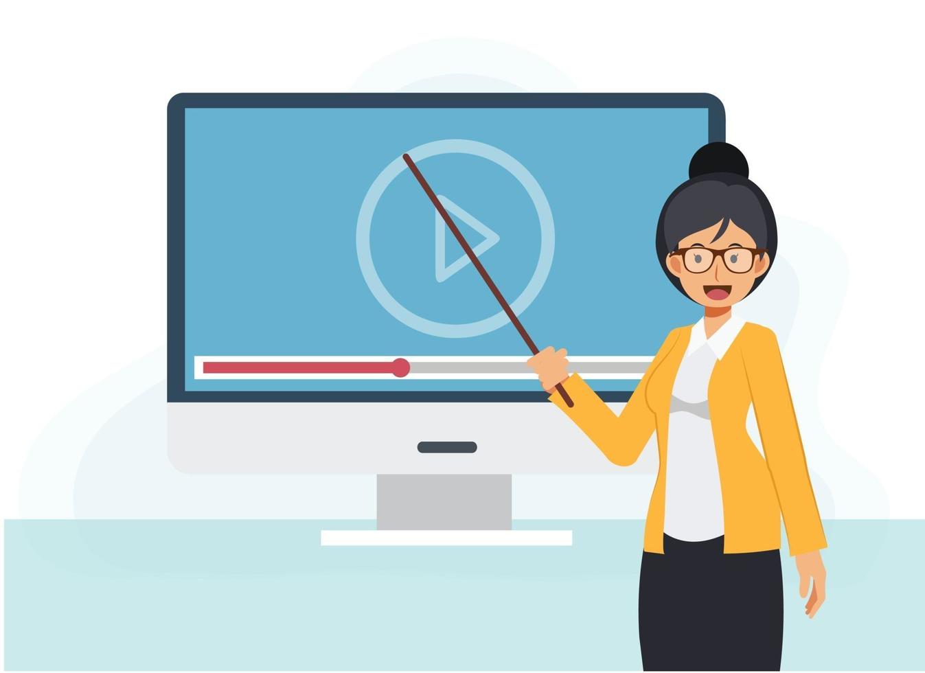 online education, teacher is teaching in front of computer monitor. vector