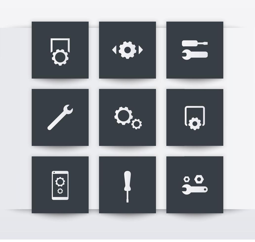 settings, configuration, preferences square icons set vector