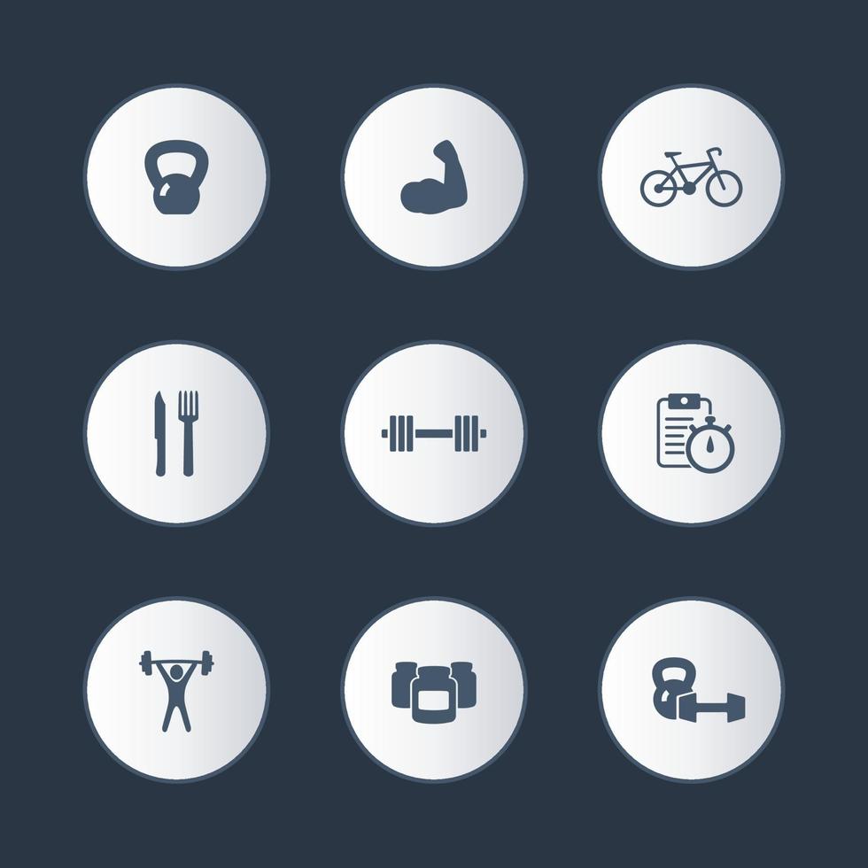 fitness, sport, gym round icons set vector