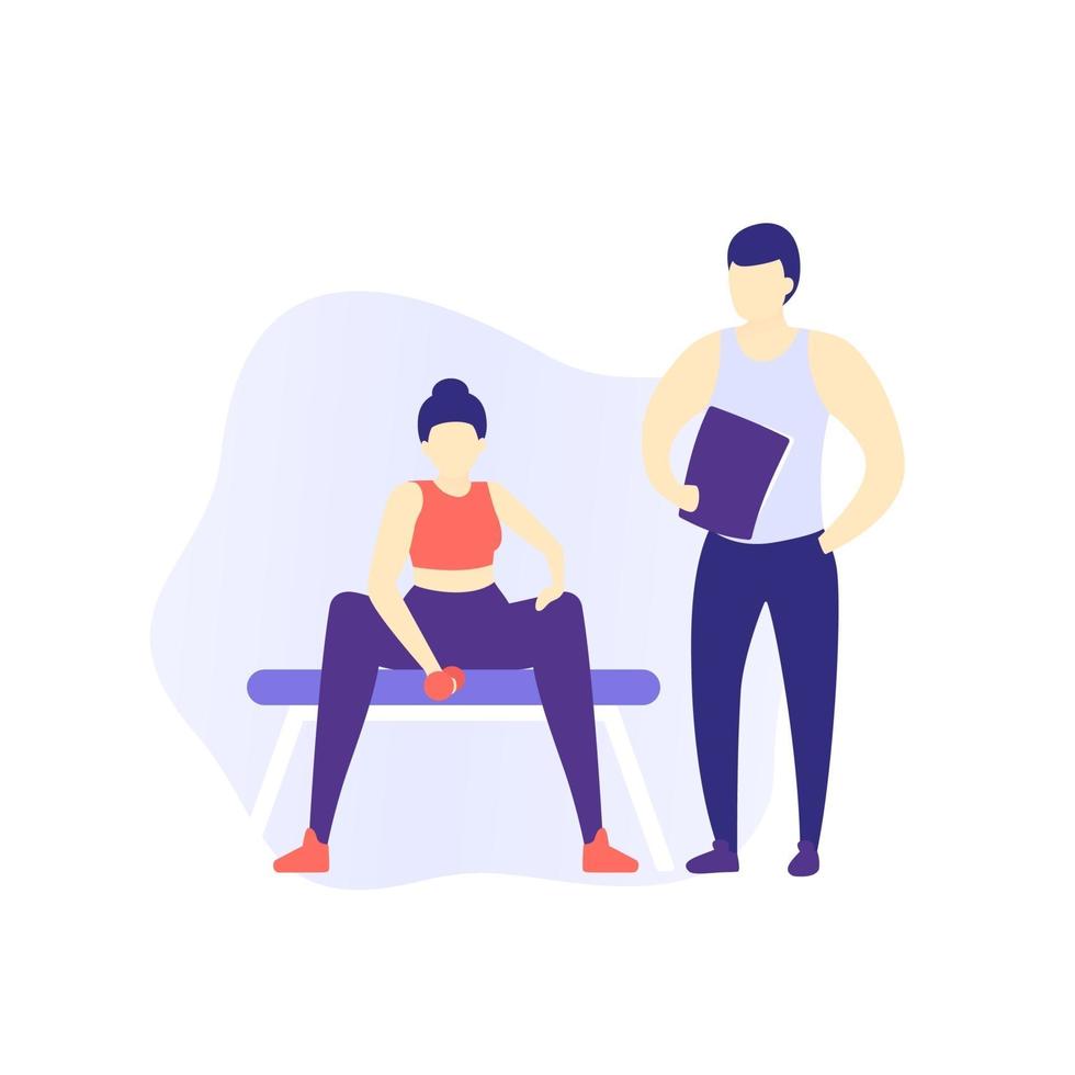 girl training biceps, arm workout in gym with personal trainer vector