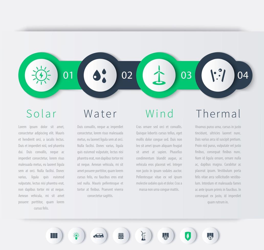 Green energy solutions, solar, wind, geothermal, infographics vector