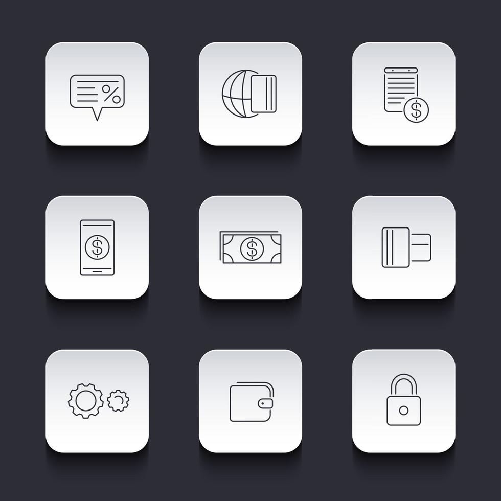 Payment methods, types linear icons on rounded square shapes, vector