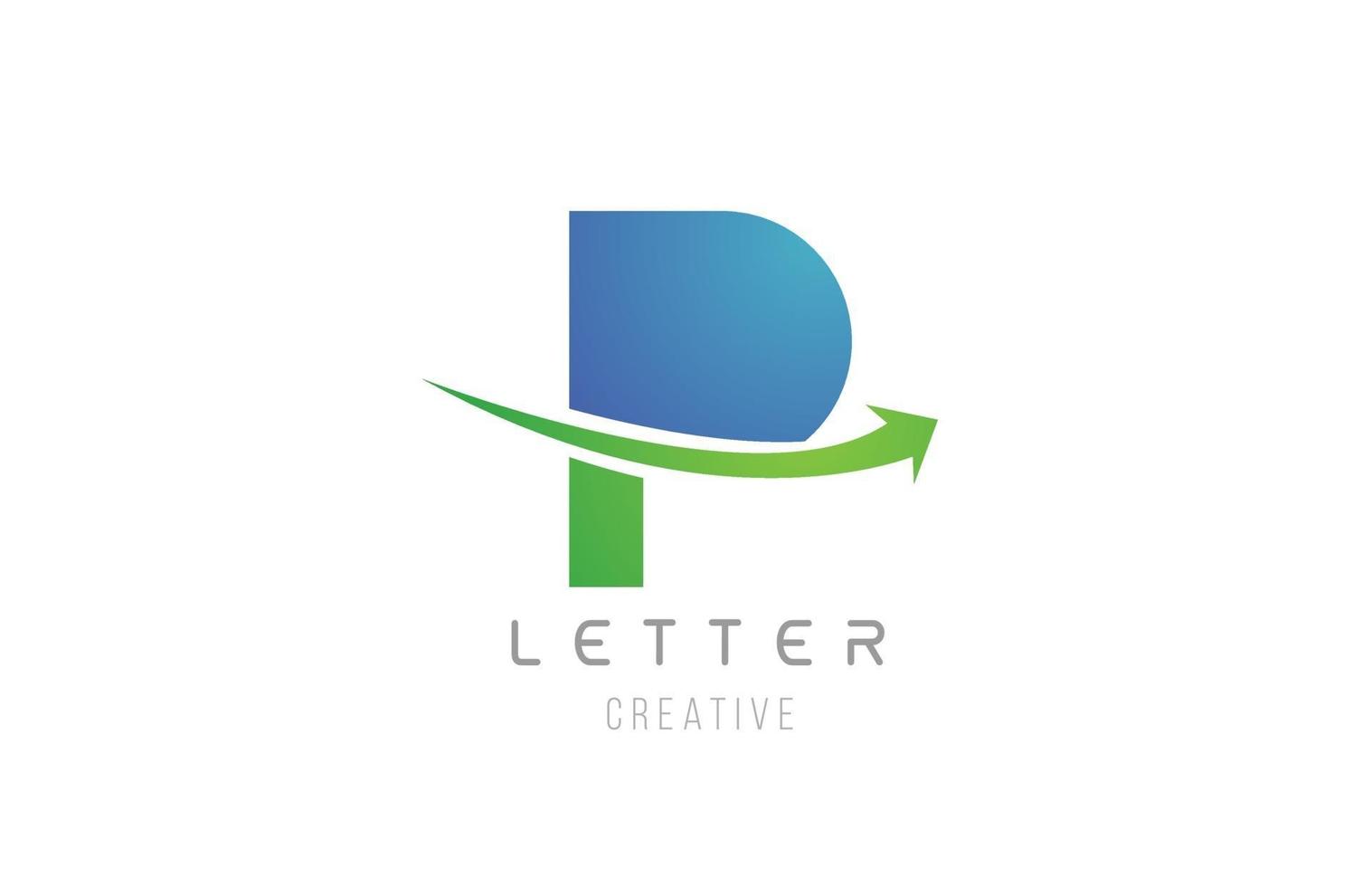 Verde azul swoosh flecha letra del alfabeto p para el diseño del icono del logotipo de la empresa vector