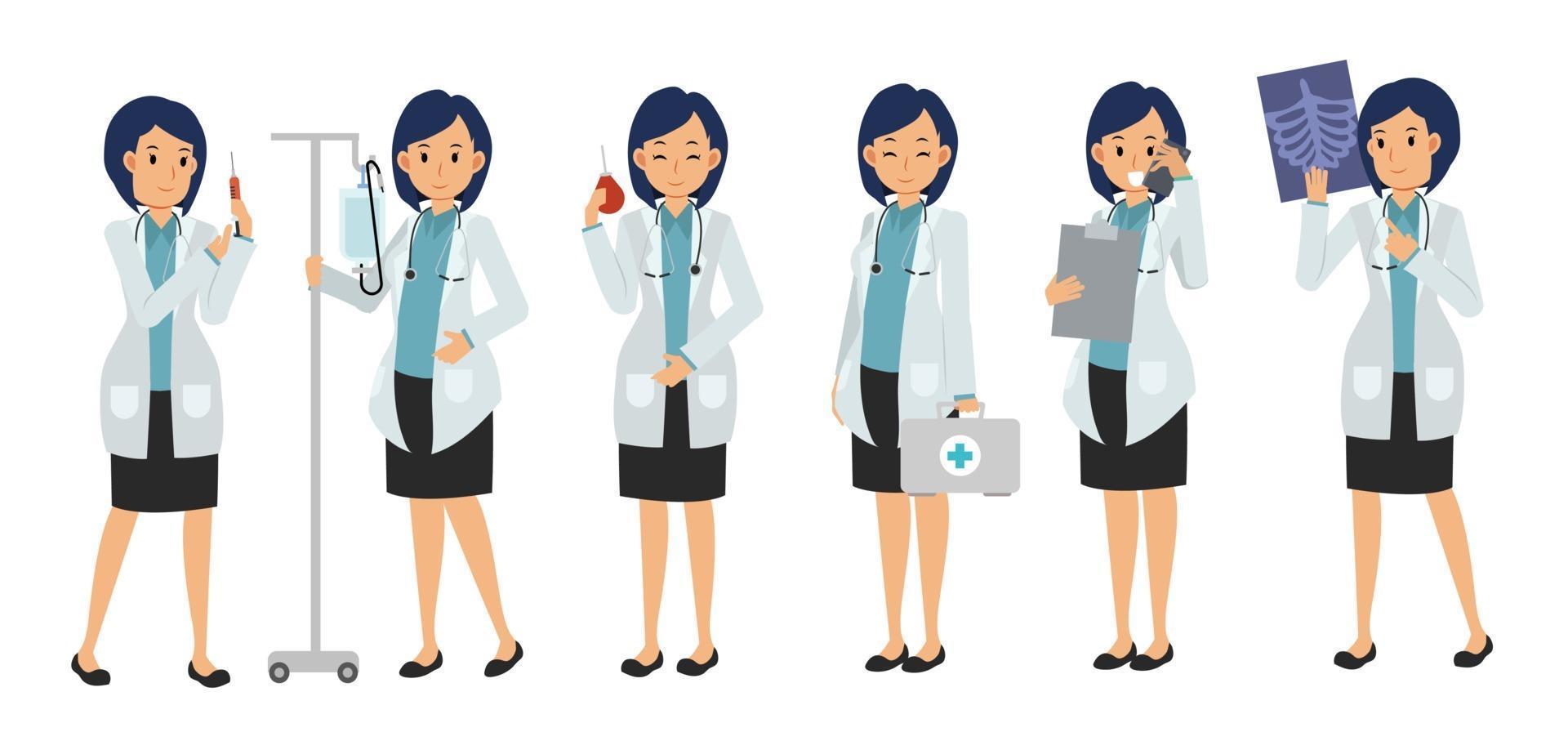 personaje de doctora con variedades de equipos médicos vector