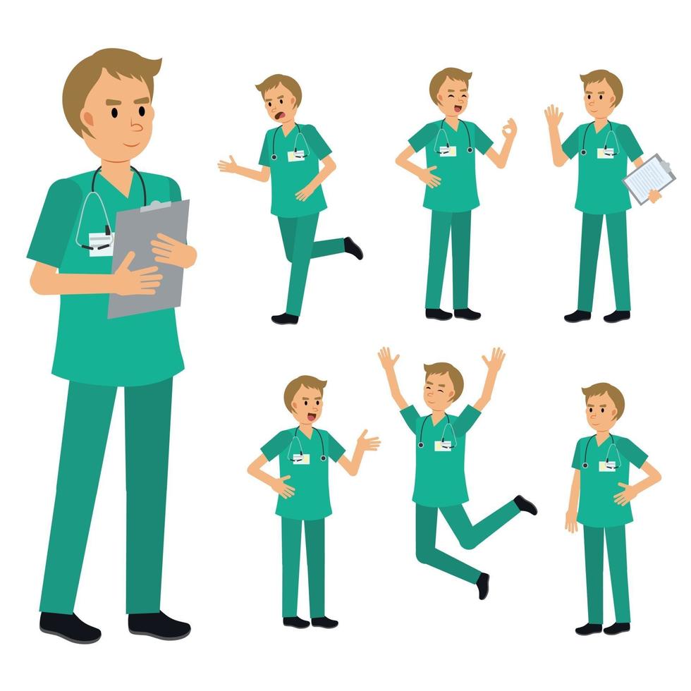Vector Set of male Surgeon Doctor character. medical Illustration.