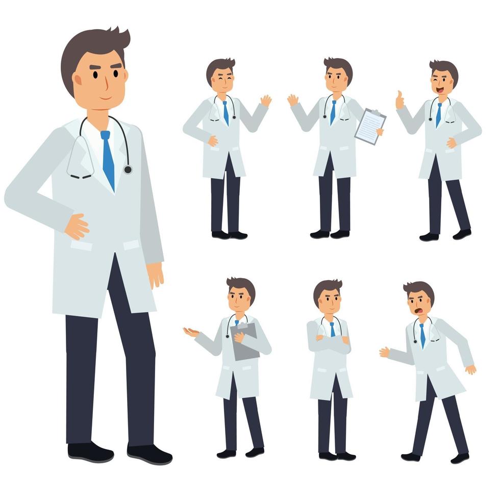 Vector Set of male Doctor character. medical Illustration.