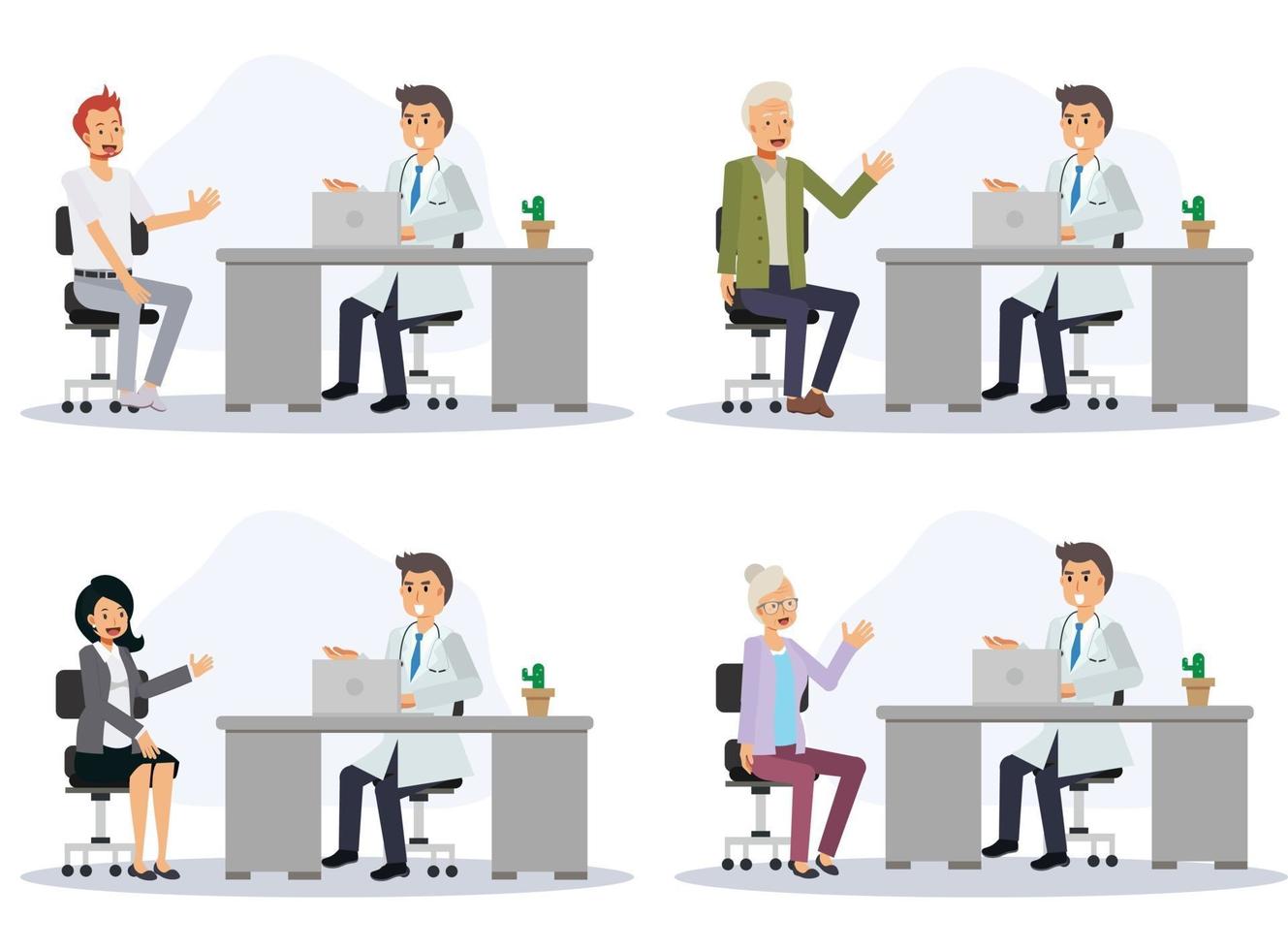 set of Male Doctor with different patients. vector