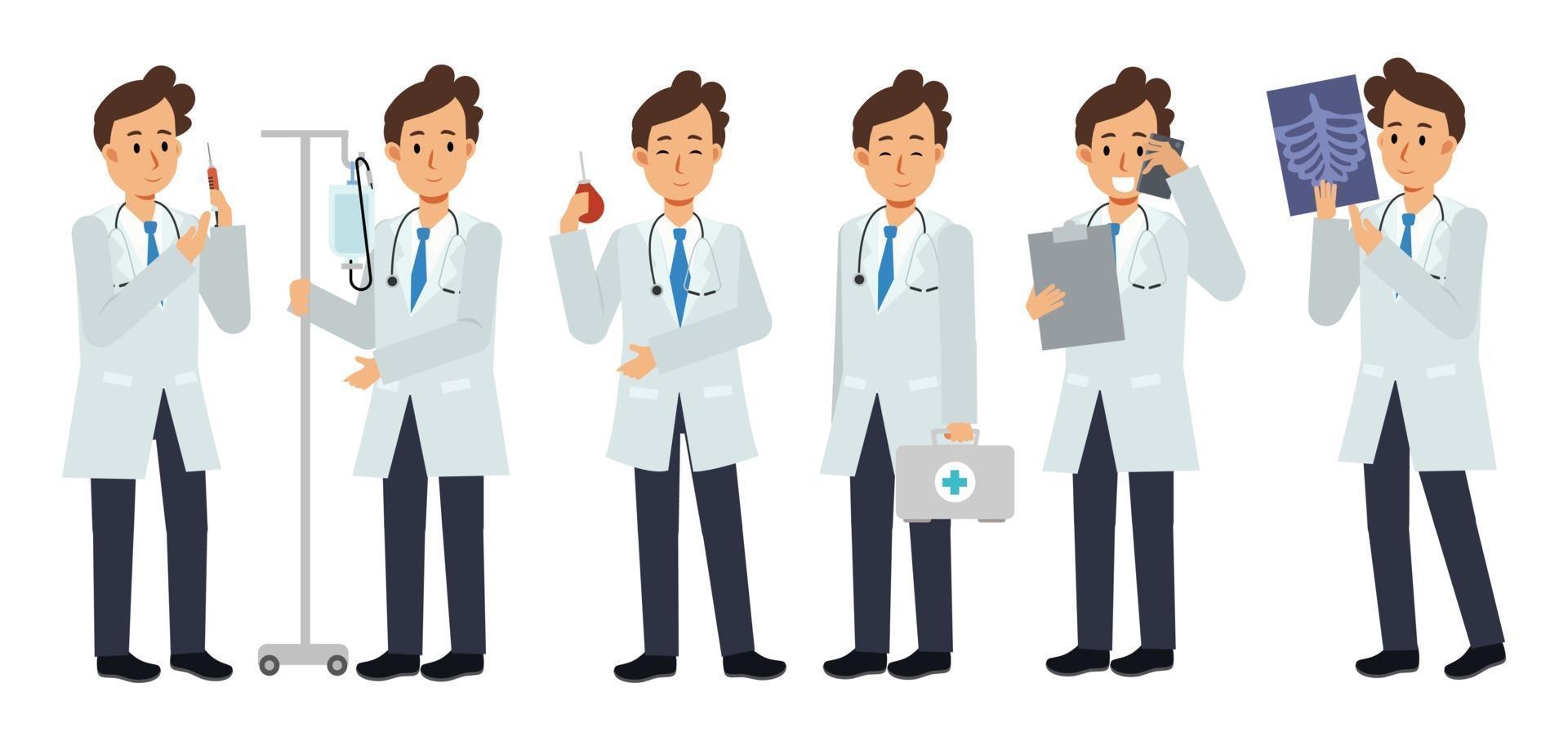 male Doctor character with varieties of medical equipment. vector