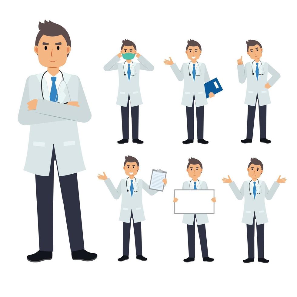 Vector Set of male Doctor character. medical Illustration.