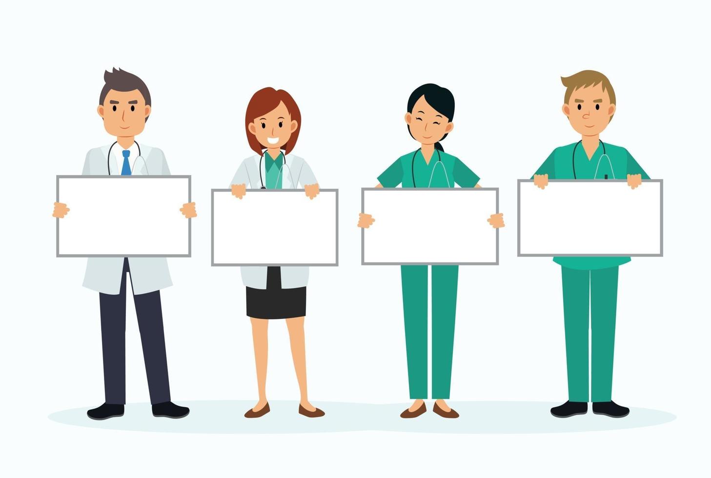 Set of doctor cartoon character hold blank sign banner. vector