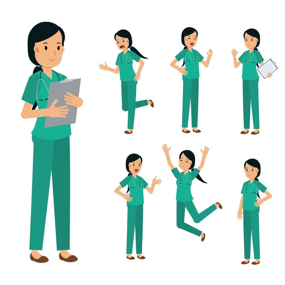 Vector Set of Female Surgeon Doctor character. medical Illustration.