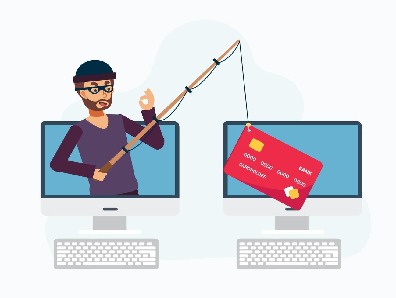 hacker robando tarjeta de crédito con caña de pescar, hacker ladrón en línea vector