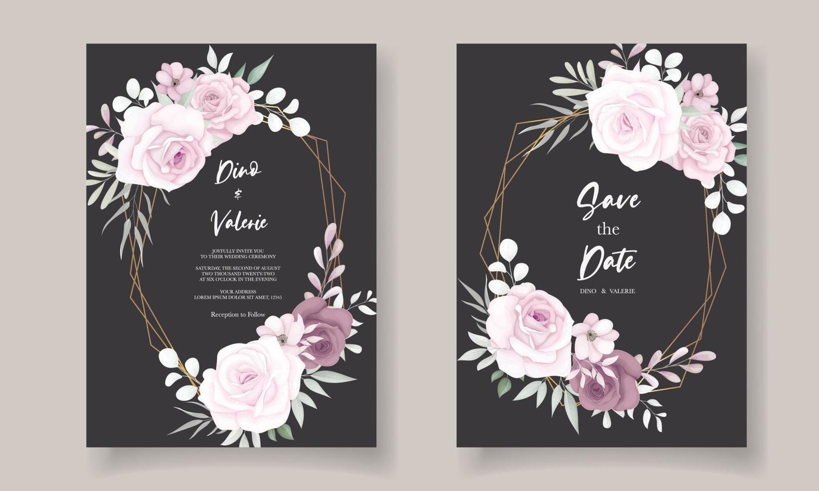 Beautiful hand drawn brown floral wedding invitation card design vector