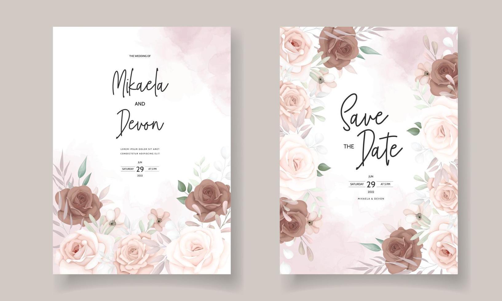 elegante tarjeta de invitación de boda con hermosas decoraciones florales vector