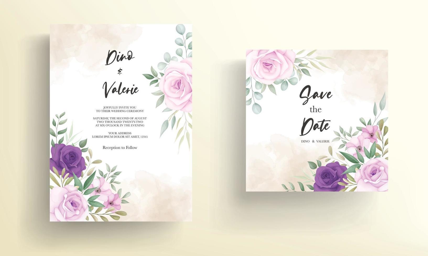 elegante tarjeta de invitación de boda con hermosas decoraciones florales vector