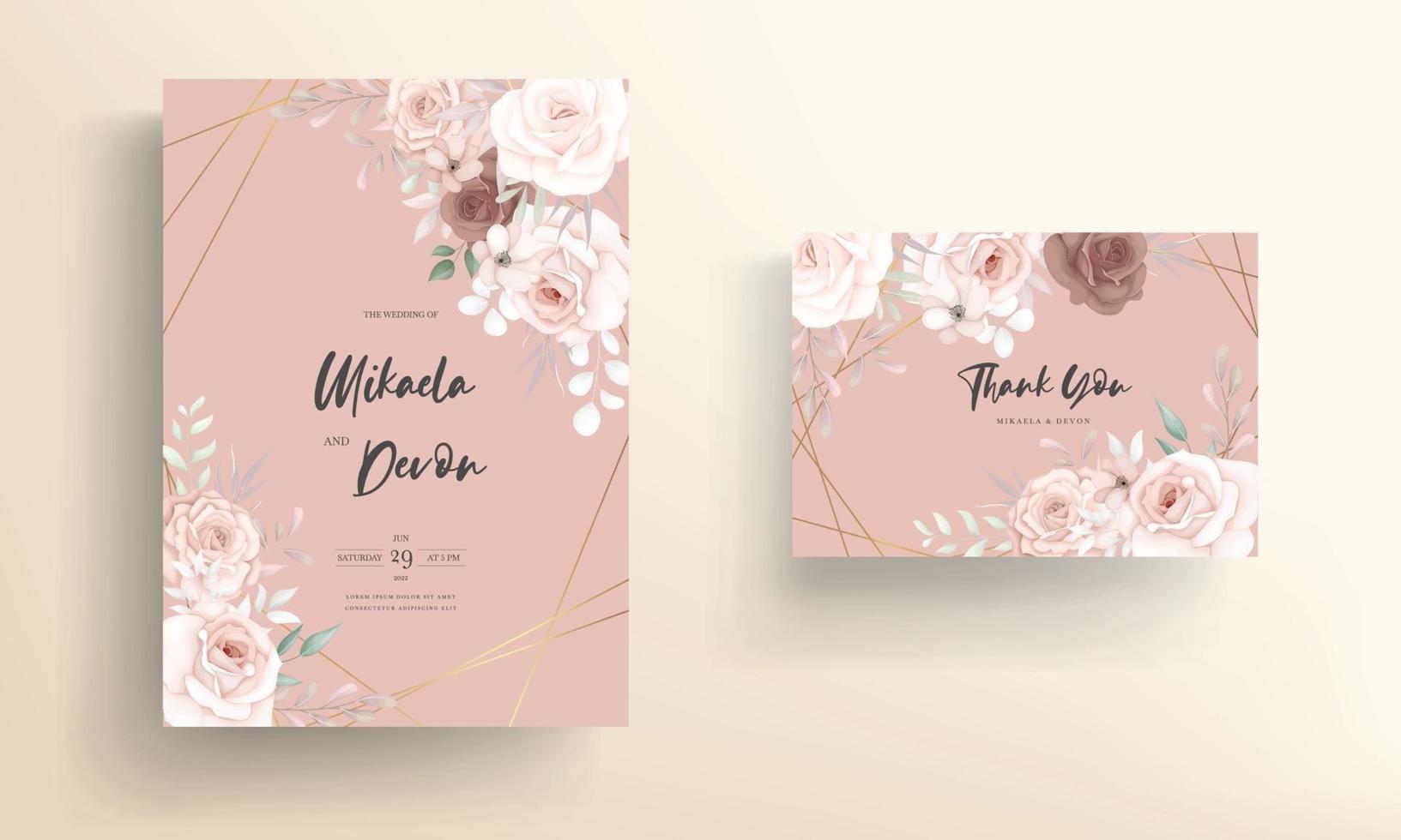 hermoso diseño de tarjeta de invitación de boda floral marrón dibujado a mano vector