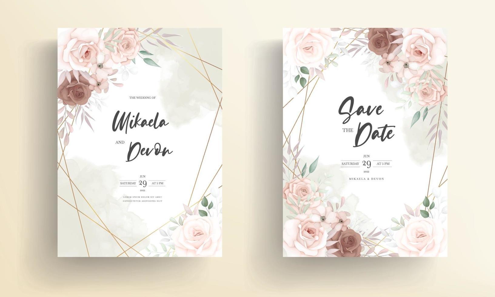 hermoso diseño de tarjeta de invitación de boda floral marrón dibujado a mano vector