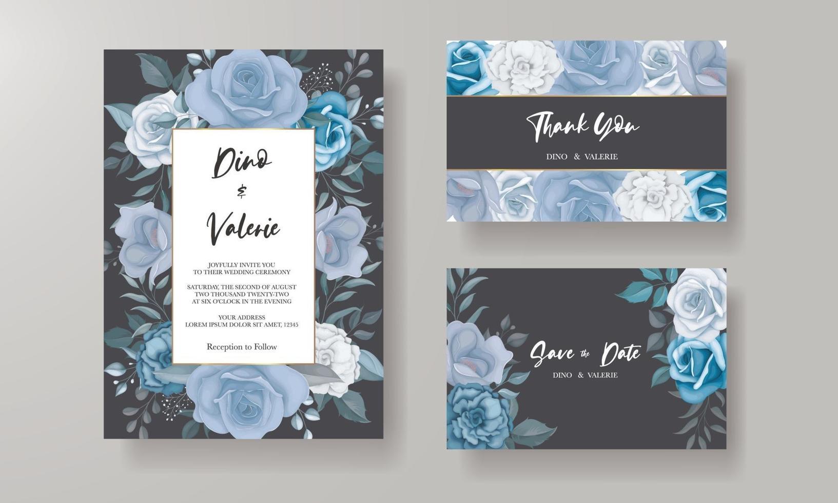 Modern wedding invitation card with blue flowers vector