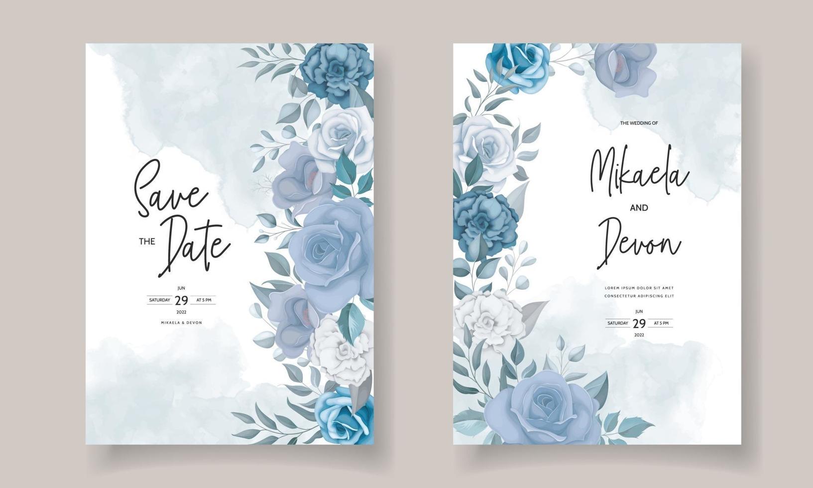 Modern wedding invitation card with blue flowers vector