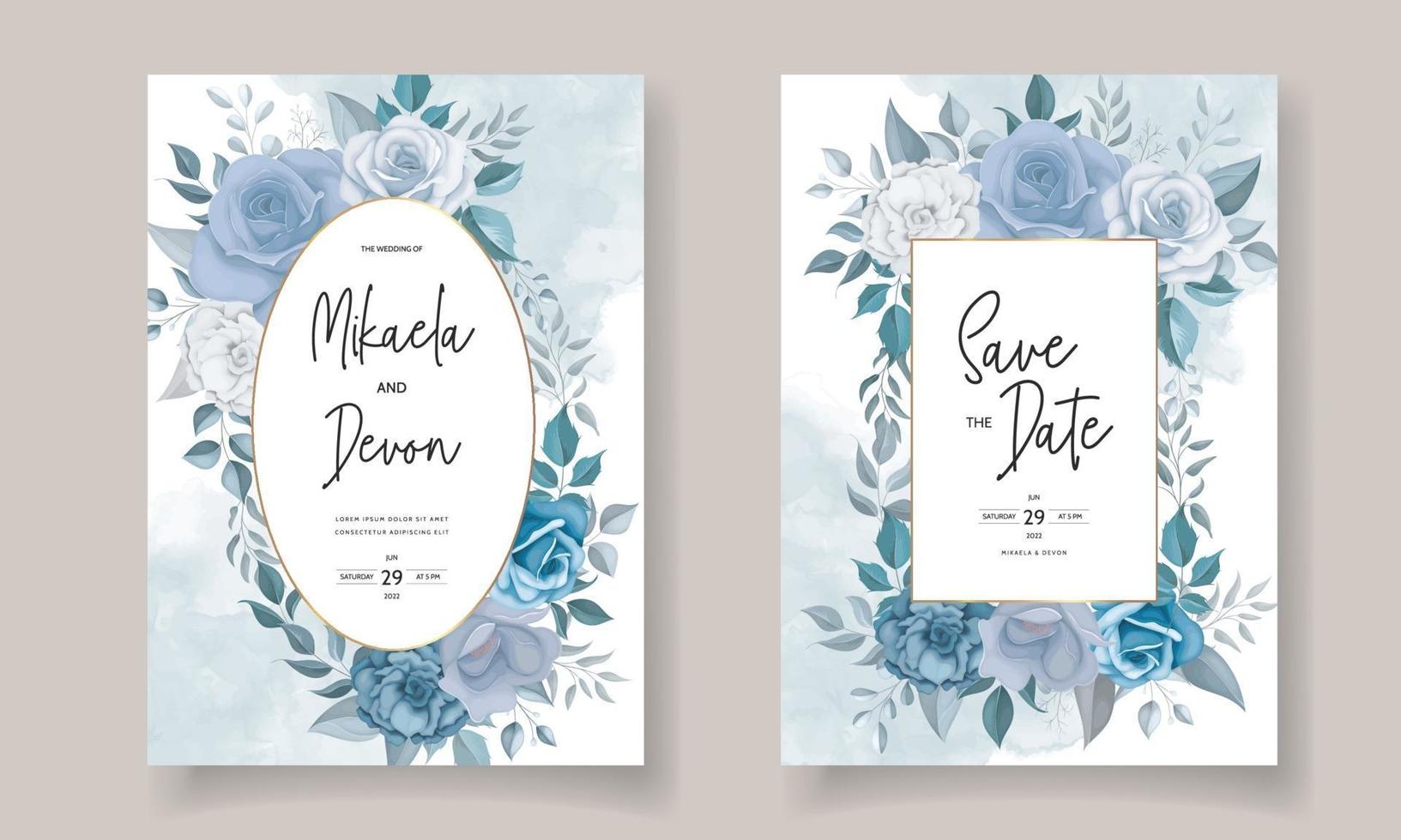 Modern wedding invitation card with blue flowers vector