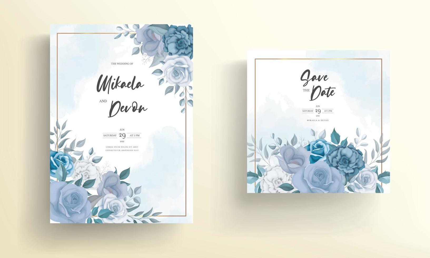 tarjeta de invitación de boda moderna con flores azules vector