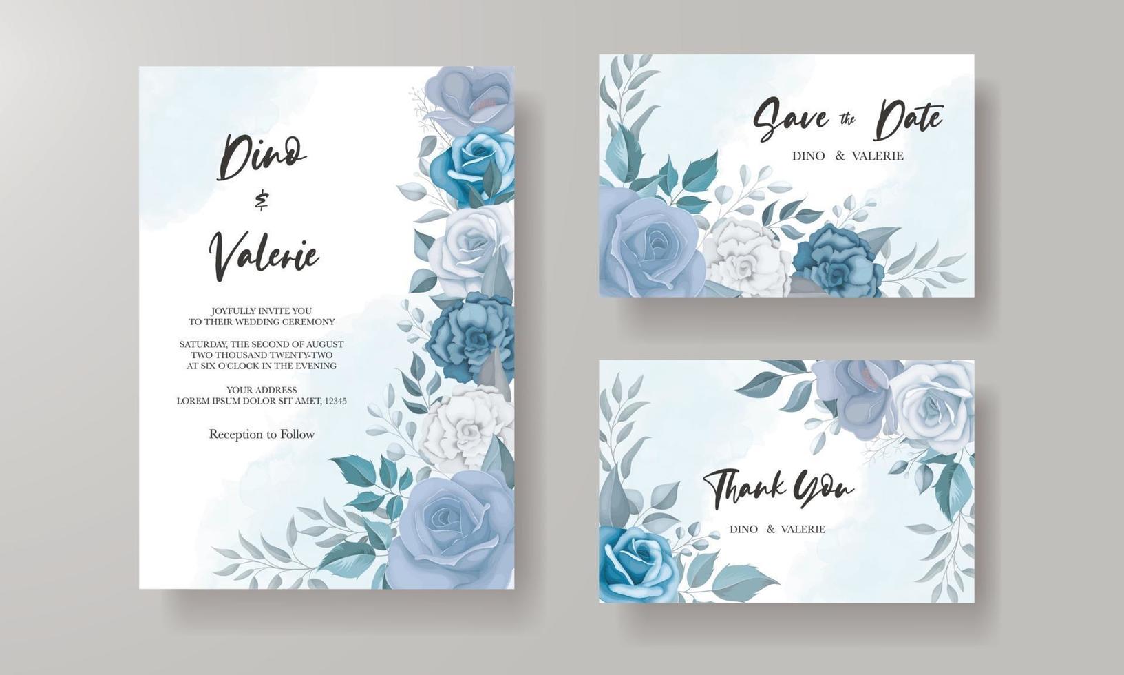 Modern wedding invitation card with blue flowers vector