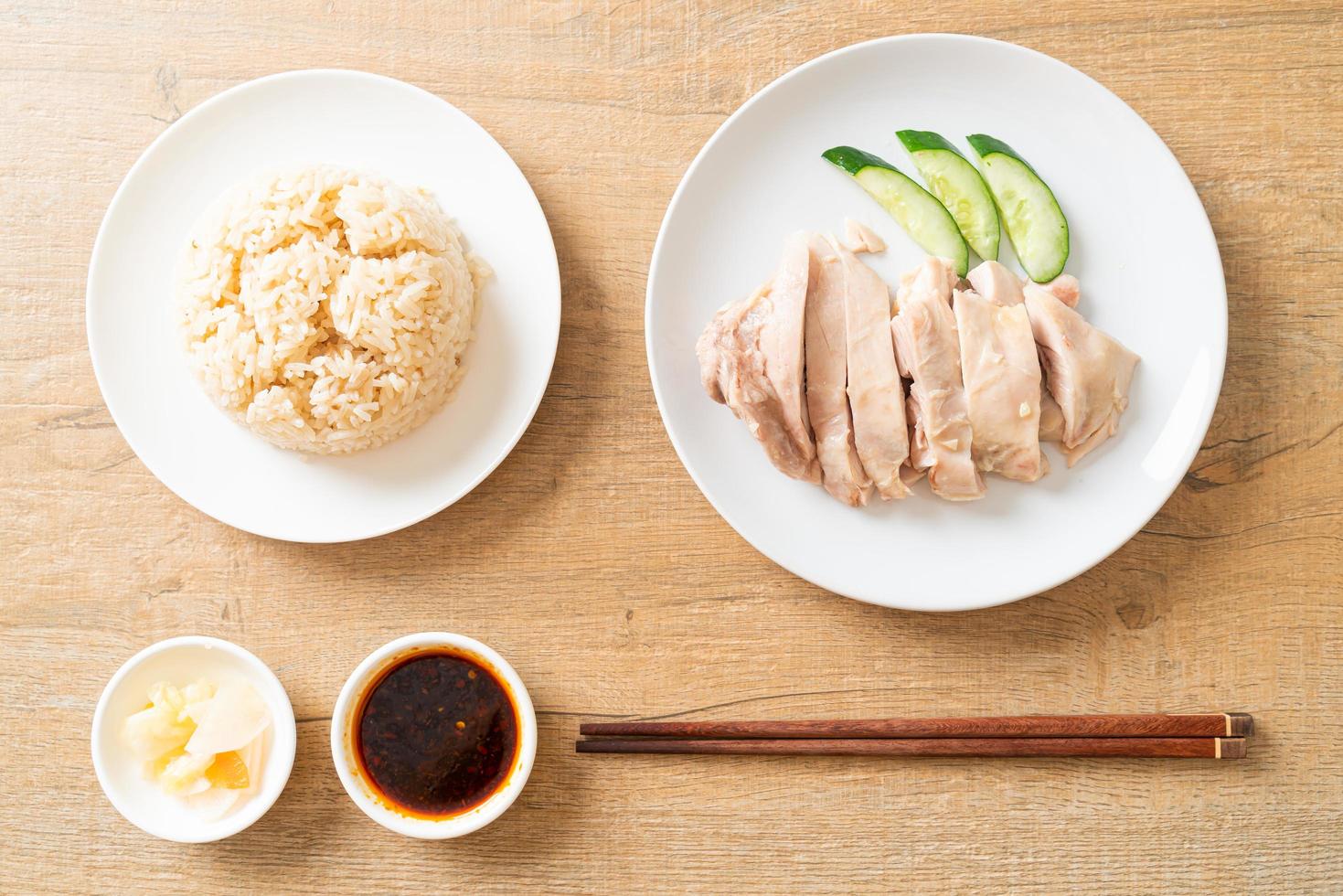 Hainanese chicken rice or rice steamed with chicken soup photo