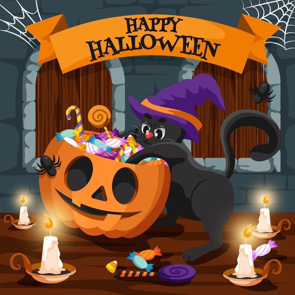 lindo gato negro con sombrero de bruja celebra halloween vector