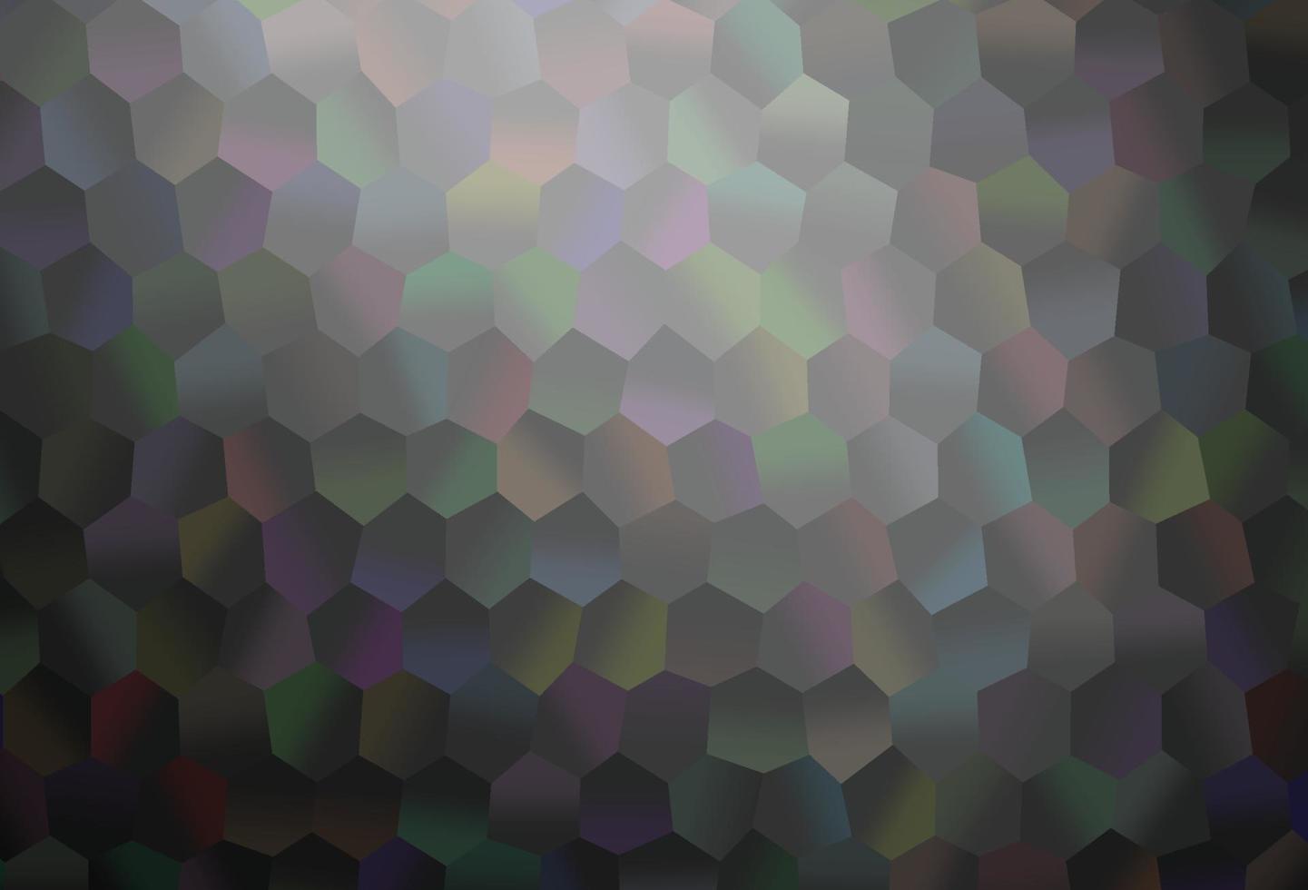 Patrón de vector gris plateado oscuro con hexágonos de colores.