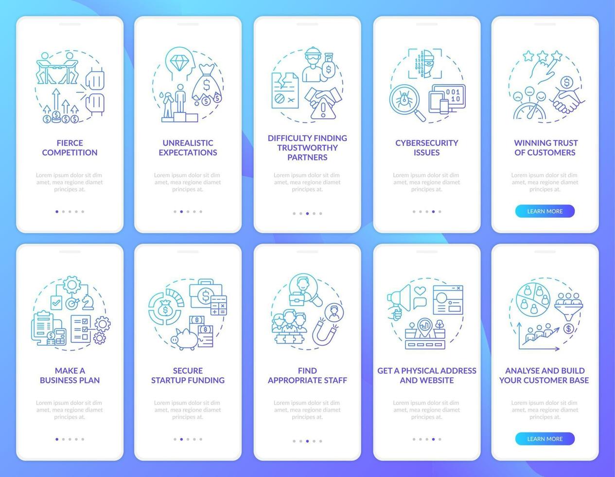 Startup launch gradient onboarding mobile app page screen set vector
