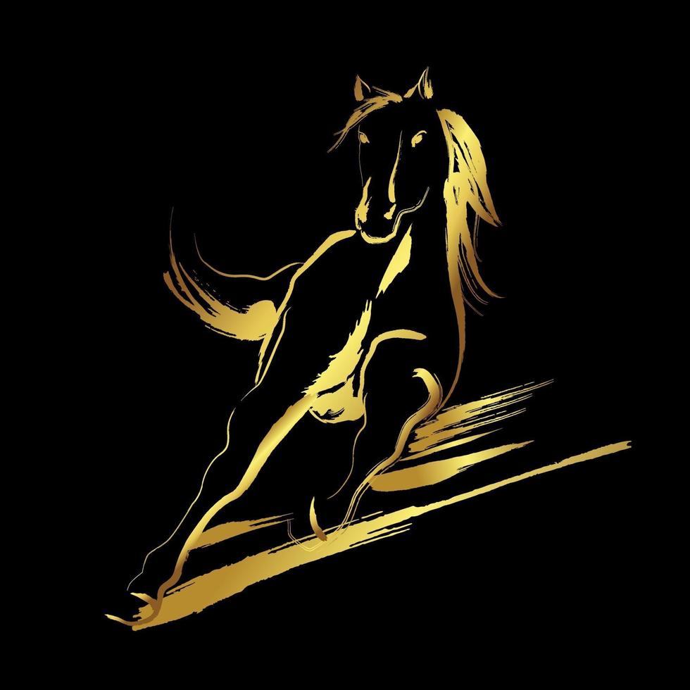 Golden horse with golden brush stroke isolate on black vector