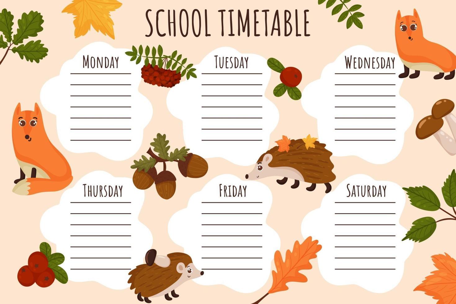 School Timetable. Weekly schedule vector template for school students.