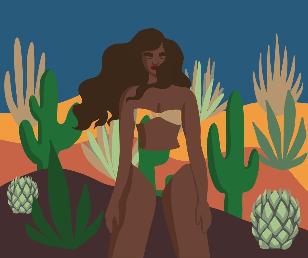 mujer negra rodeada de plantas del desierto, ilustración vectorial plana vector