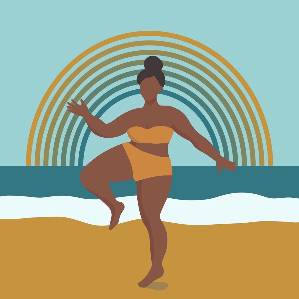 Abstract curvy female on the beach with rainbow in the background vector