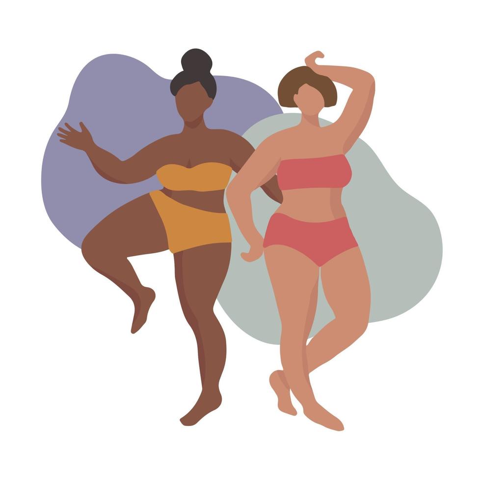 dos mujeres en traje de baño, diferentes tonos de piel y colores de cabello vector