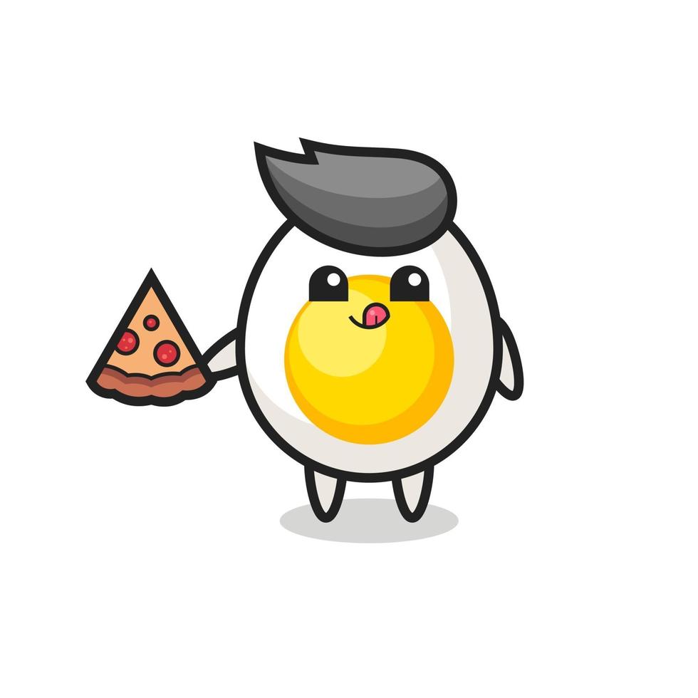 cute boiled egg cartoon eating pizza vector